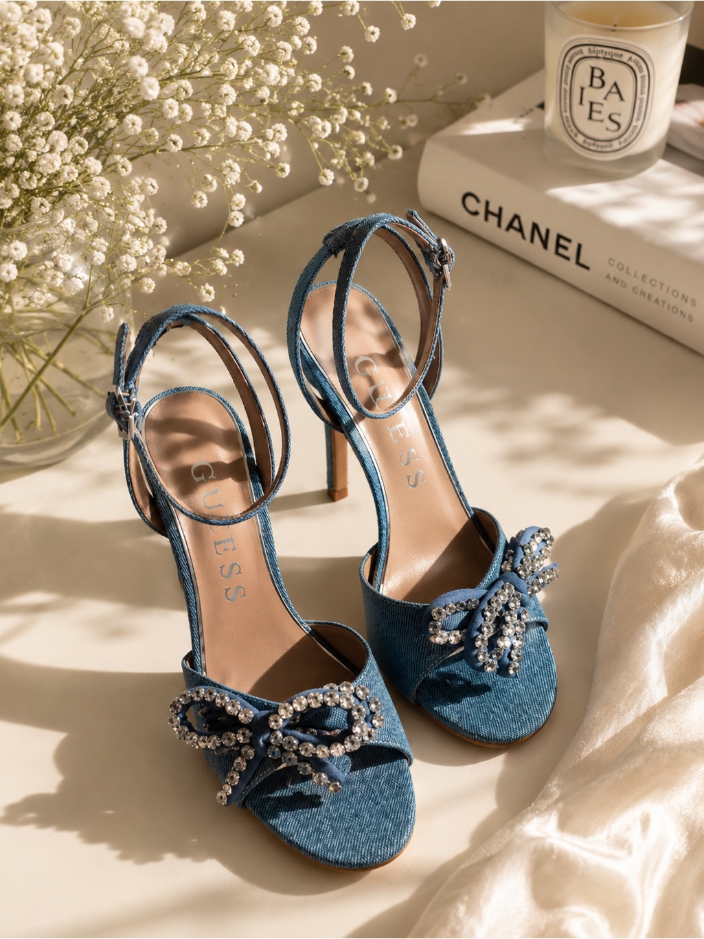 Guess Denim Charmin Rhinestone Bow Ankle Strap Sandals 4.5" Heels